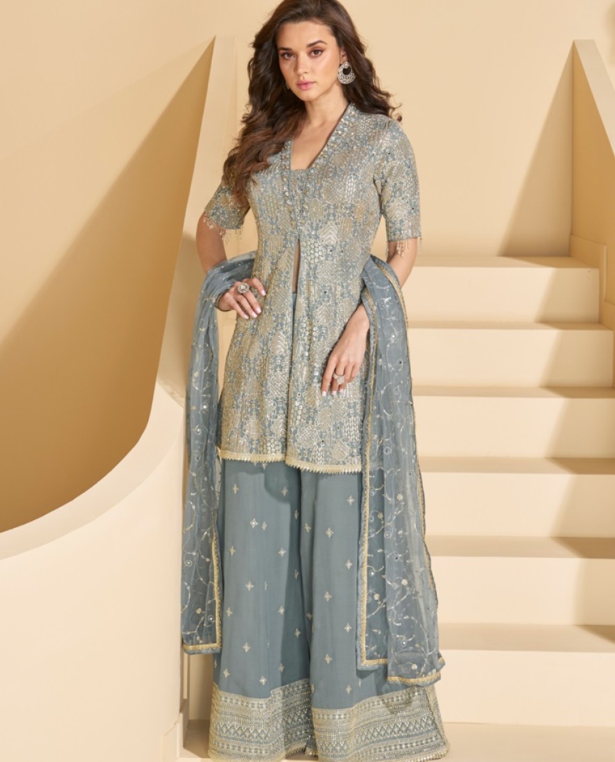 10014 - DUSTY BLUE HEAVY EMBROIDERED PALAZZO SUIT IN REAL GEORGETTE
